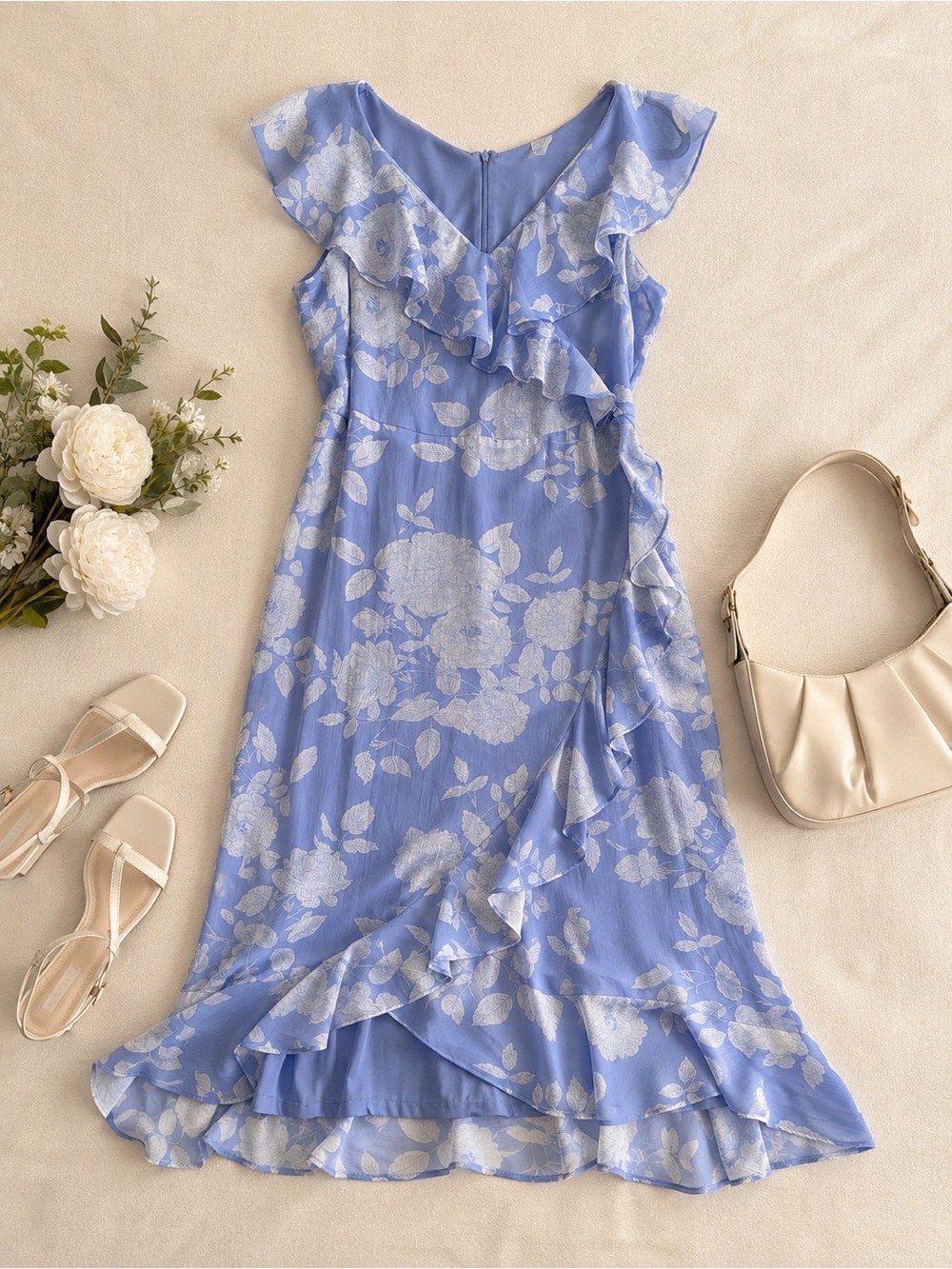 London Times Light Blue & White Floral Ruffle Midi Dress